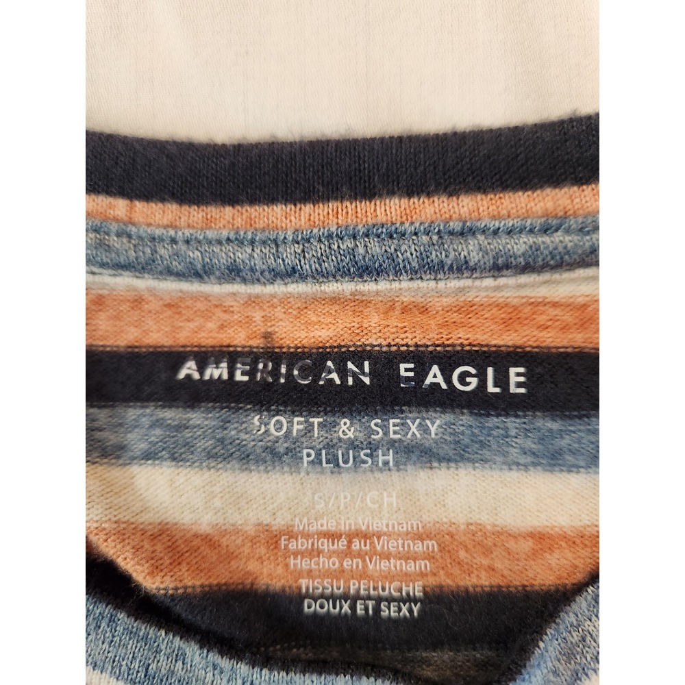 American Eagle Soft & Sexy Women Plush Striped Long Sleeve Top Blue Orange Small - Picture 7 of 9